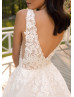 V Neck Pearls Beaded Ivory Lace Tulle Sparkly Wedding Dress